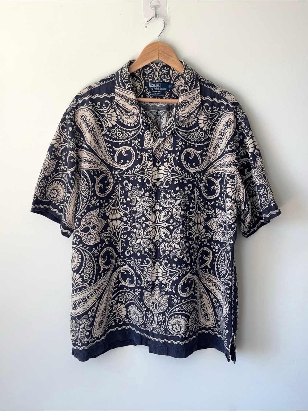 Vintage Polo Ralph Lauren Big Paisley Loop Collar Shirt Sz XL Linen Silk Bandana